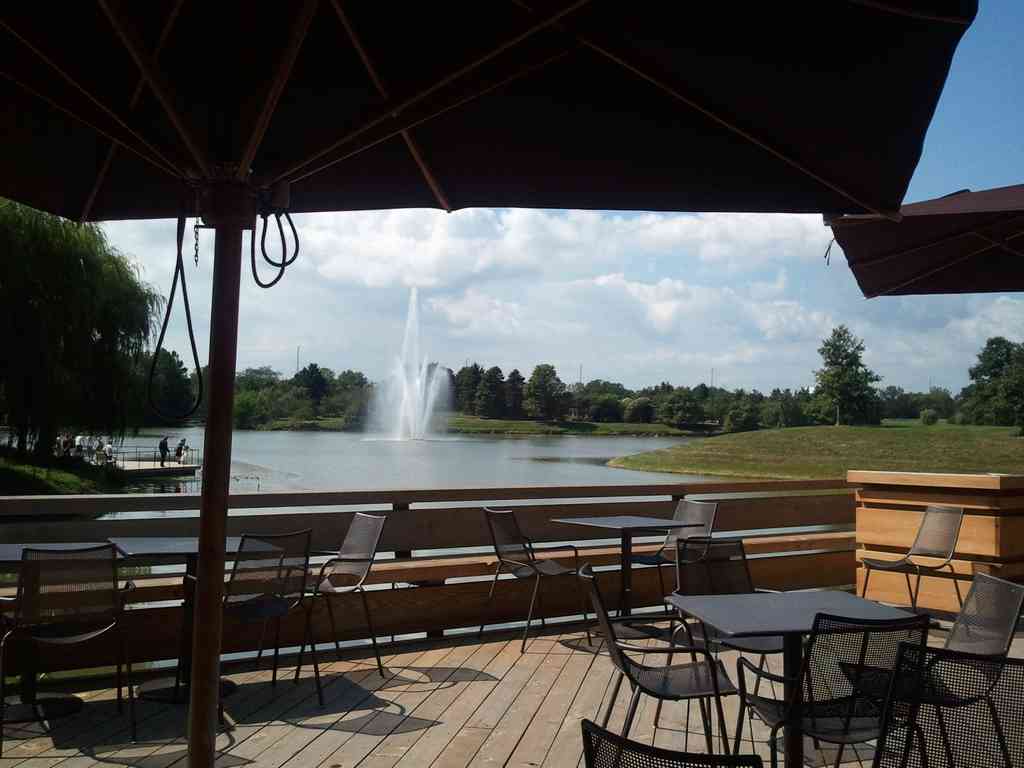 A cafe patio with a view.