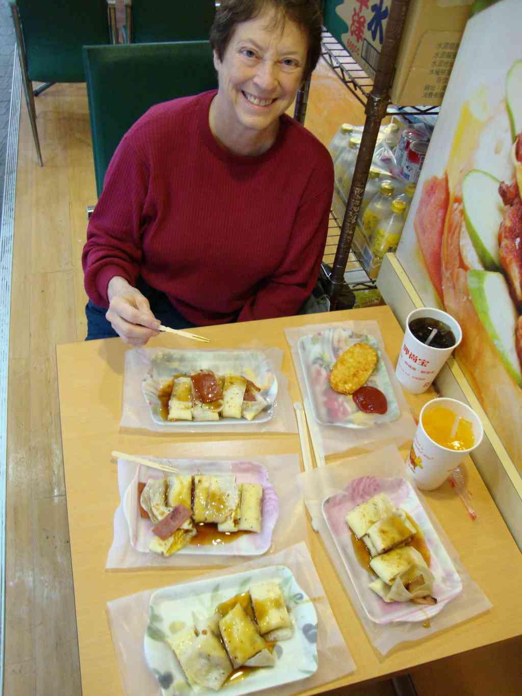 The meal included the delicious crepes, a crispy hash brown patty, and a drink. Everything was incredibly tasty!
