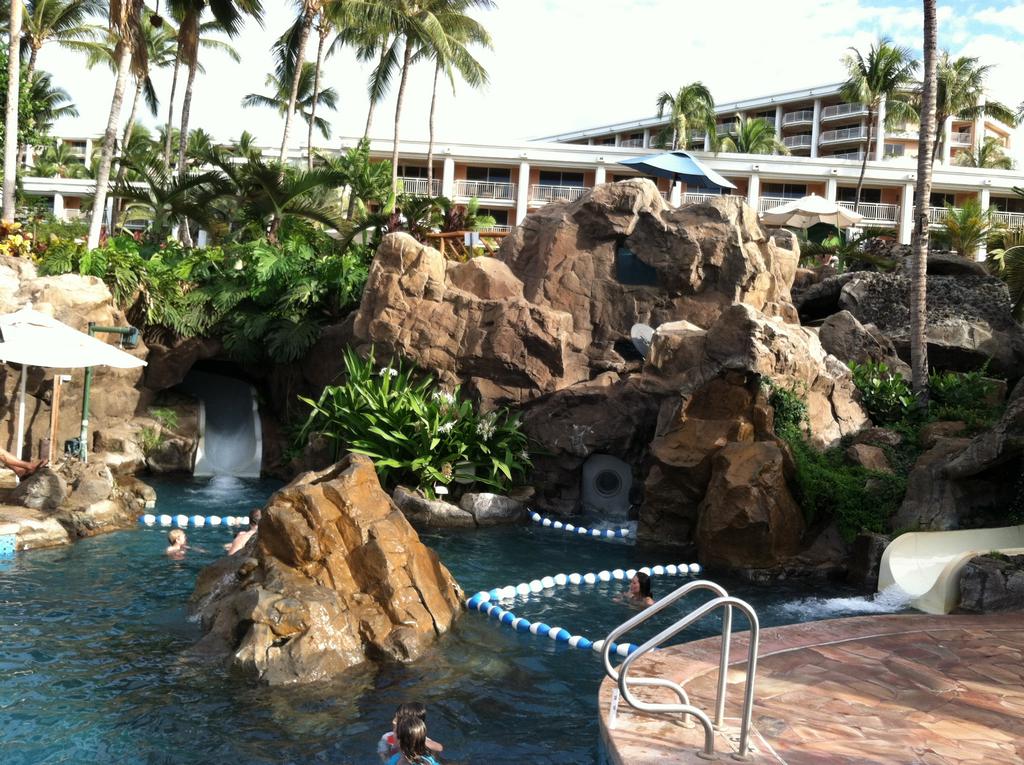 The exit for the slide can be seen on the left. Once you arrive in this pool, you can take the water elevator on the right up to the highest pool! The water elevator was originally built for the handicapped child of the resort's owner at a cost of around $1 million.