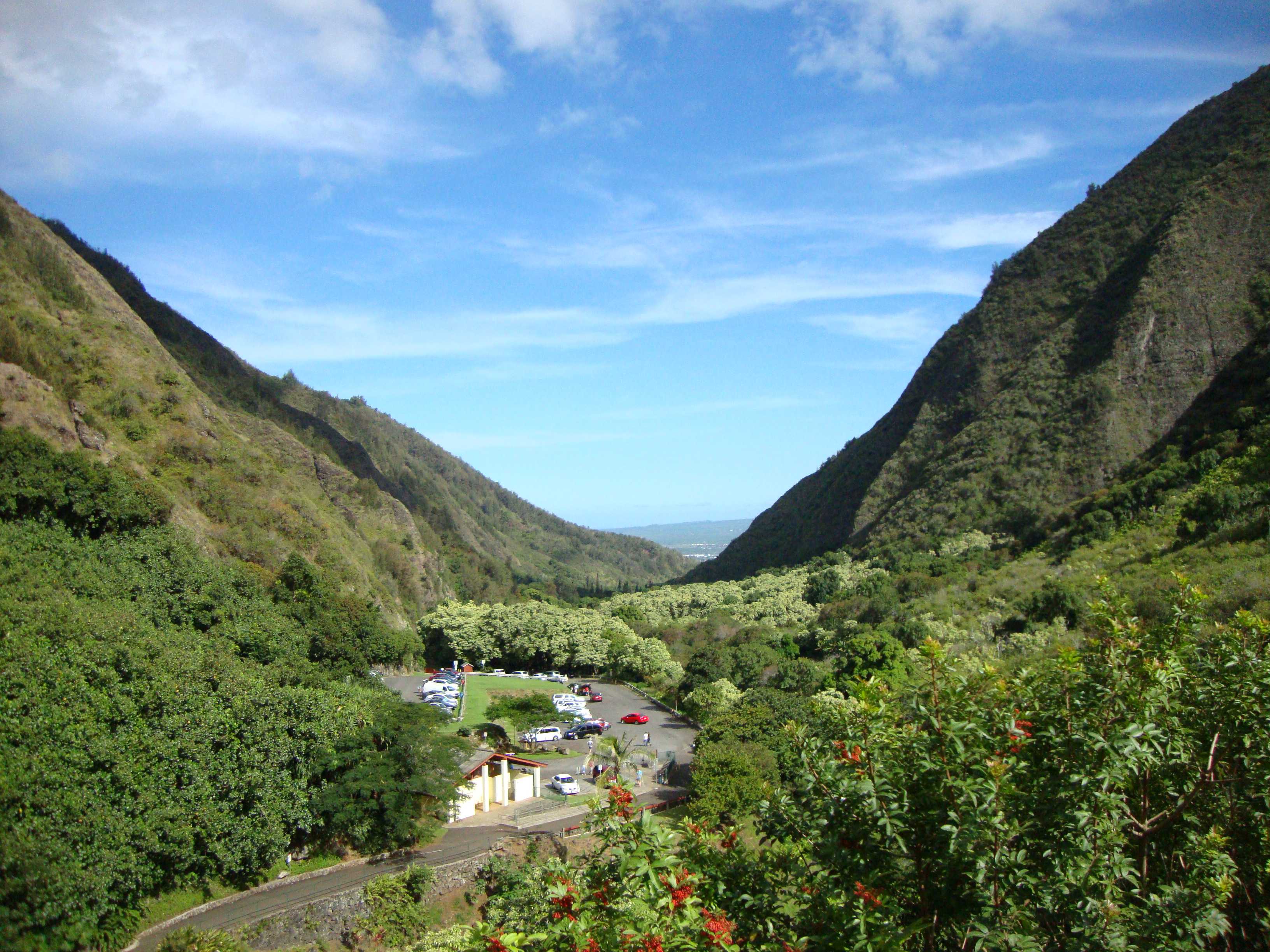 The view from the Iao Valley out to the sea. The parking area in the picture is where we parked our rental car.