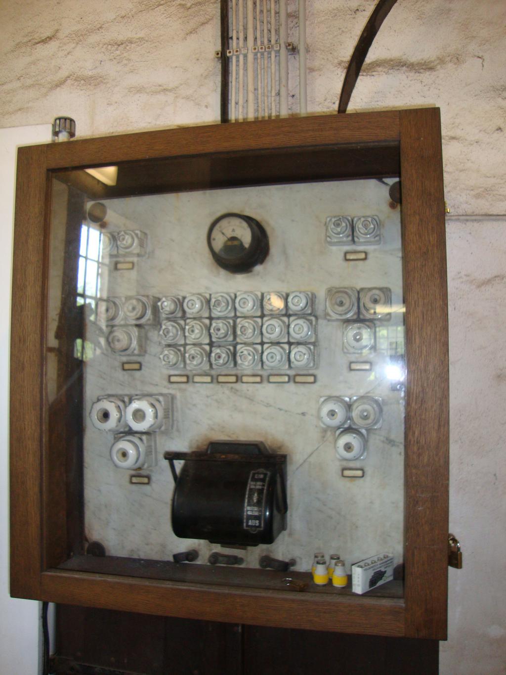 A very early electrical fuse box in one of the historical buildings.
