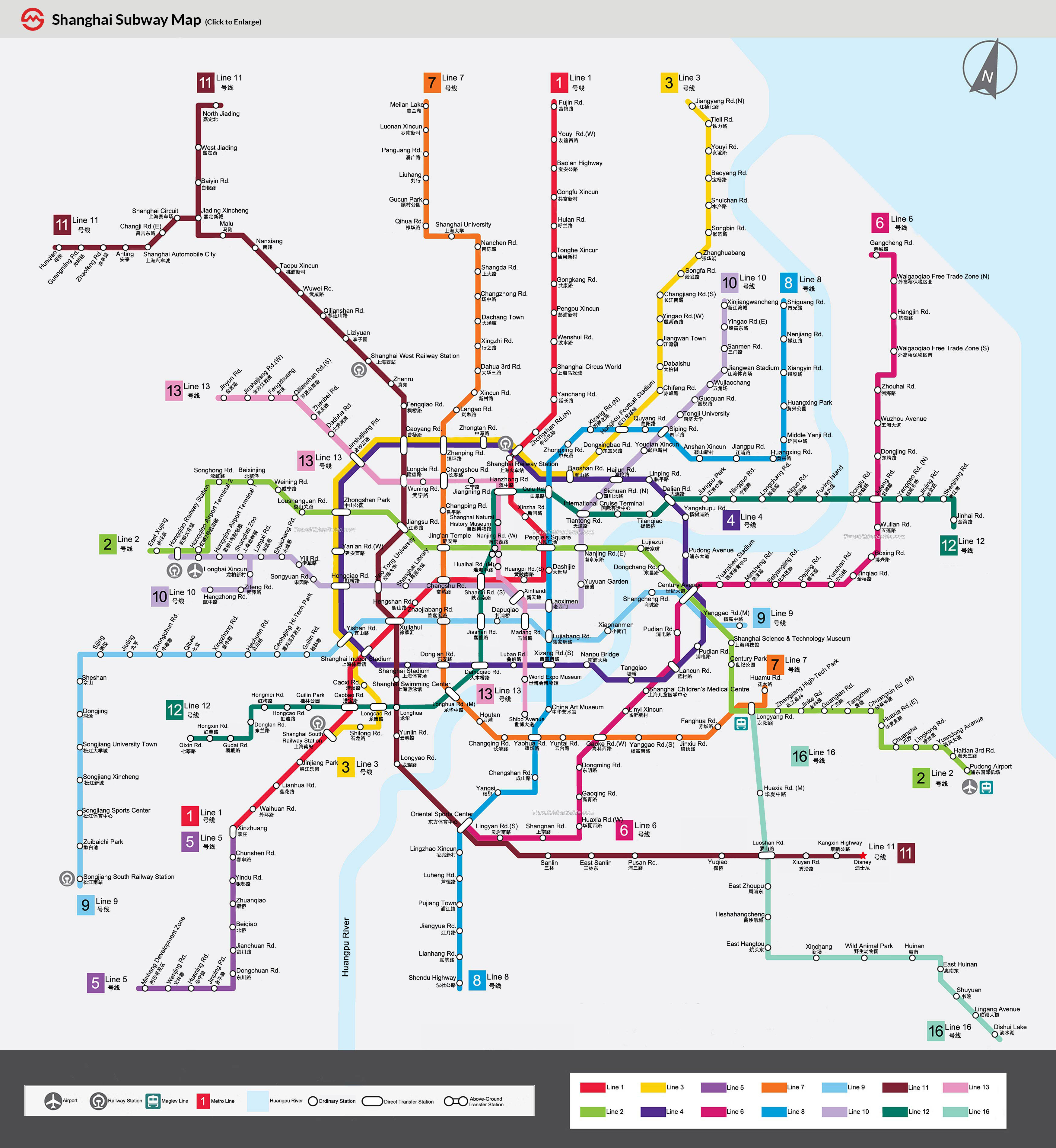 <b>Shanghai Subway Map:</b><br>- Pudong Airport is the last stop on Line 2 (Green) in the lower right.<br>- The Fish Inn, our primary hotel near The Bund, is at the Nanjing Rd. (E) station in the center.<br>- The Hilton, where the JEDEC meetings were held, is near Longxi Rd on Line 10 (Light Purple) on the left.<br>- The fantastic acrobatics show was at the Shanghai Circus World station on Line 1 (Red).<br>- The infamous Shanghai Spinning Market is near the Nanpu Bridge station on Line 4 (Dark Purple).