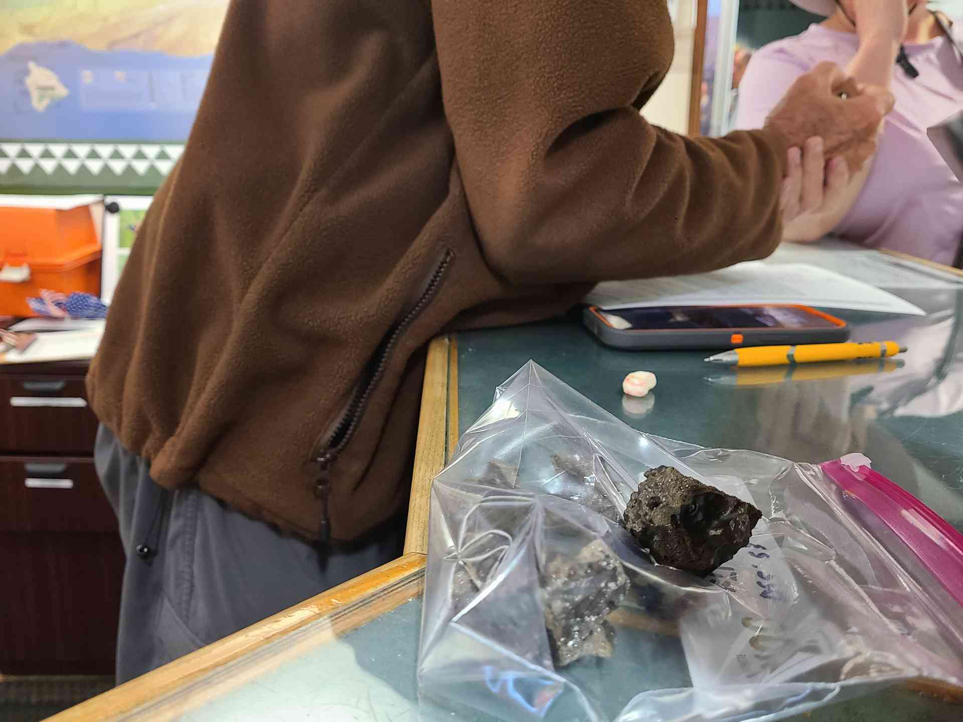 A ranger showing us recently formed volcanic rock. We expected it to be heavy, but it was as light as a feather! The lava was aerated when spewed into the air, creating incredibly light rocks.