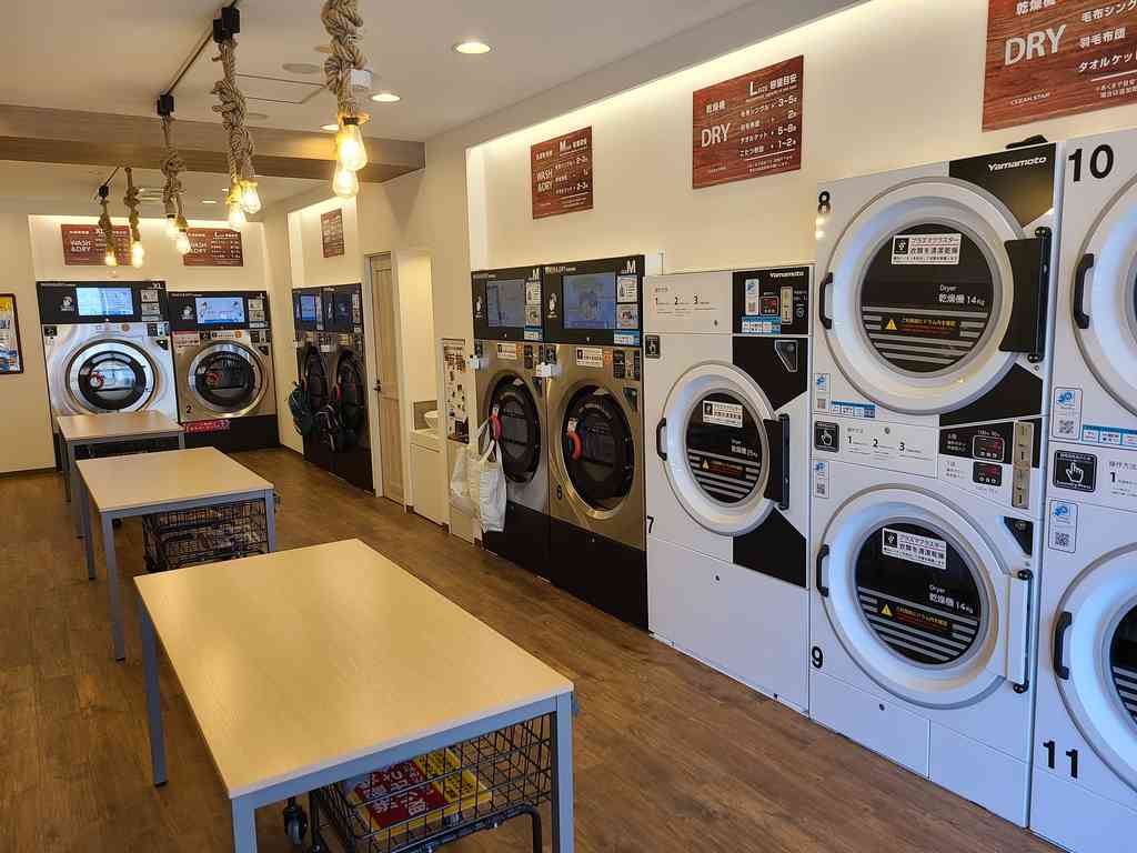 The pristine interior of the laundromat.